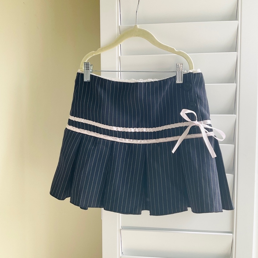 Striped Navy Pleated Low waisted Mini Skirt with Ribbon Trim